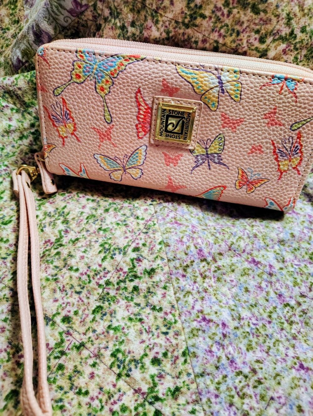 Pink Butterfly Leather Stone Mountain Wallet